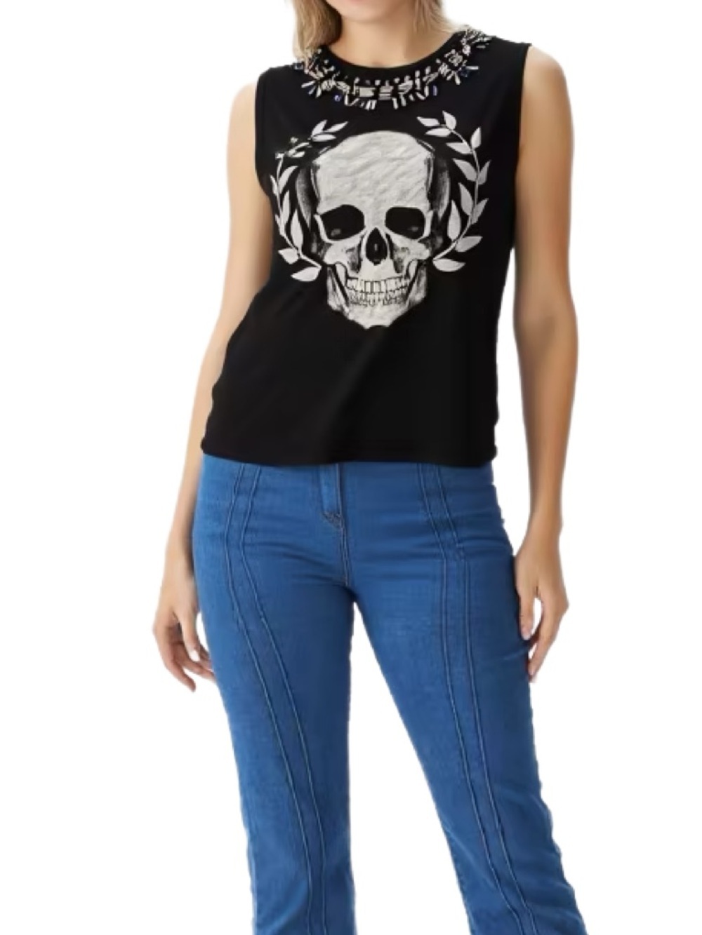 Express Black Muscle Tank with White Skull and Beaded Neckline Size Medium